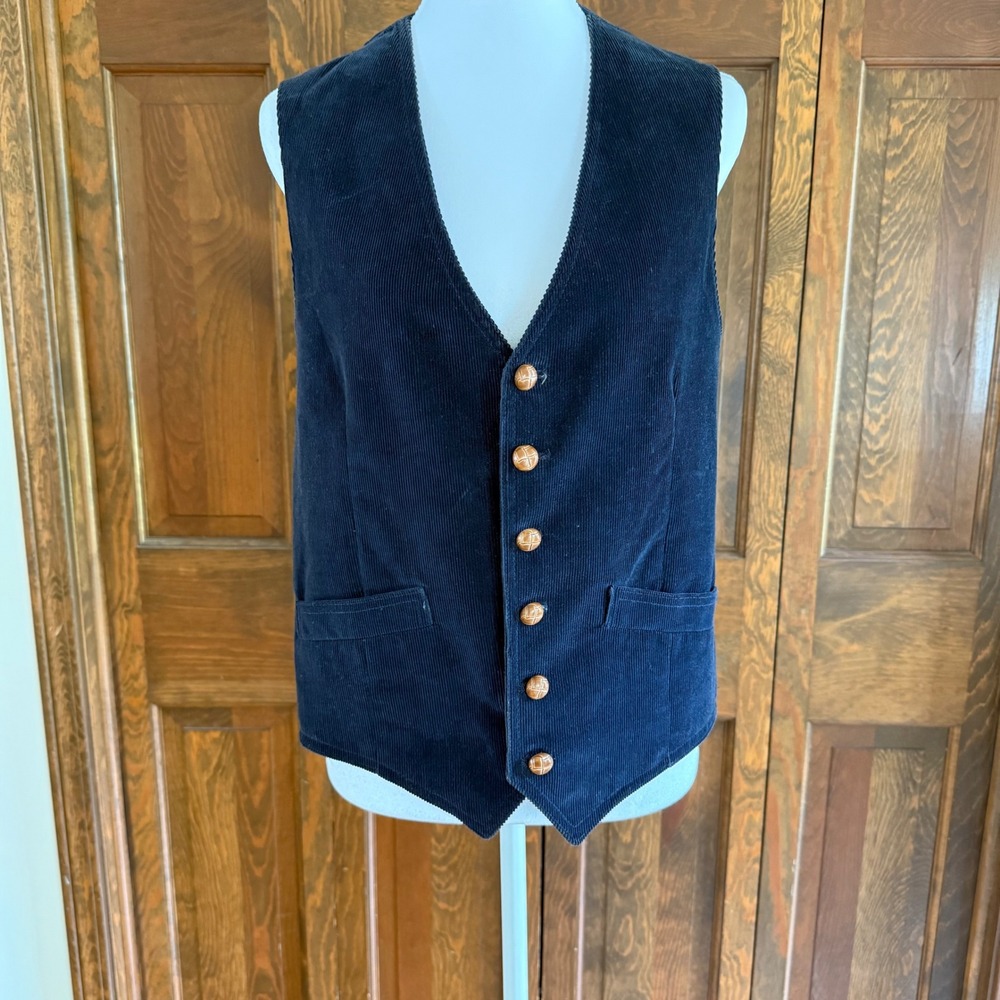Vintage Navy Corduroy Vest Leather Knot Buttons Est. Size W M/L M S Preppy